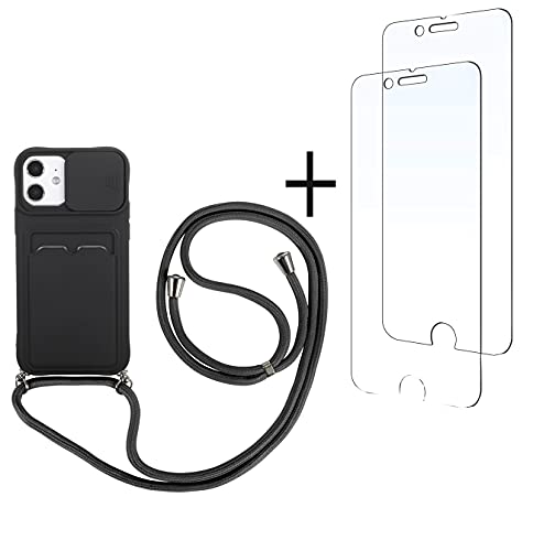 youmehe Funda con Cuerda para iPhone 12 Pro MAX+2 Pack Protector Pantalla,Cubierta de Cámara Deslizante Proteger,TPU Silicona Case con Ranura para Tarjetas,Antigolpes Case(Negro)