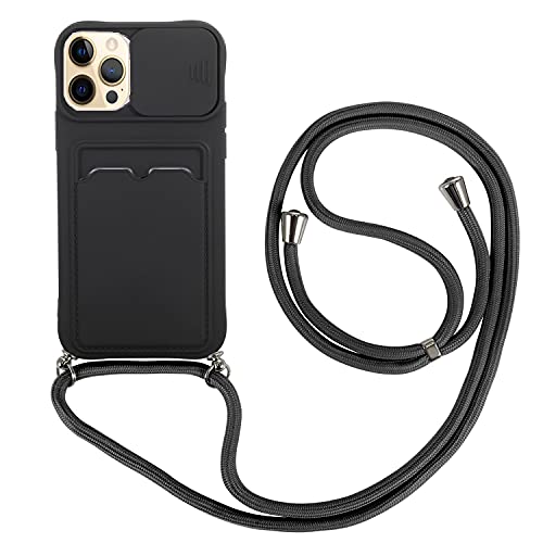 youmehe Funda con Cuerda para iPhone 12 Pro MAX+2 Pack Protector Pantalla,Cubierta de Cámara Deslizante Proteger,TPU Silicona Case con Ranura para Tarjetas,Antigolpes Case(Negro)