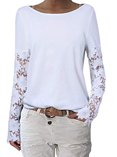 ZANZEA Mujer Camisetas Tallas Grandes Cuello Redondo Manga Larga Pullover Casual Tops Jersey Holgada Encaje Blanco L