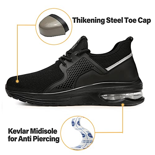 Zapatillas de Seguridad Hombre Mujer Ligero Calzado de Seguridad con Punta de Acero,Cómodo Transpirable y Antideslizante Zapatos de Trabajo Industriales 2096 Negro 45 EU