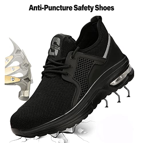 Zapatillas de Seguridad Hombre Mujer Ligero Calzado de Seguridad con Punta de Acero,Cómodo Transpirable y Antideslizante Zapatos de Trabajo Industriales 2096 Negro 45 EU
