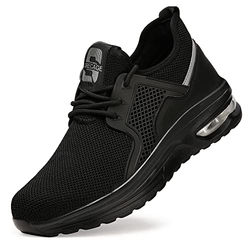 Zapatillas de Seguridad Hombre Mujer Ligero Calzado de Seguridad con Punta de Acero,Cómodo Transpirable y Antideslizante Zapatos de Trabajo Industriales 2096 Negro 45 EU