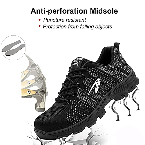 Zapatos de Seguridad Hombre Mujer con Puntera de Acero Transpirables Ligero Calzado de Seguridad Industriales Antideslizante Unisex Negro 38 EU