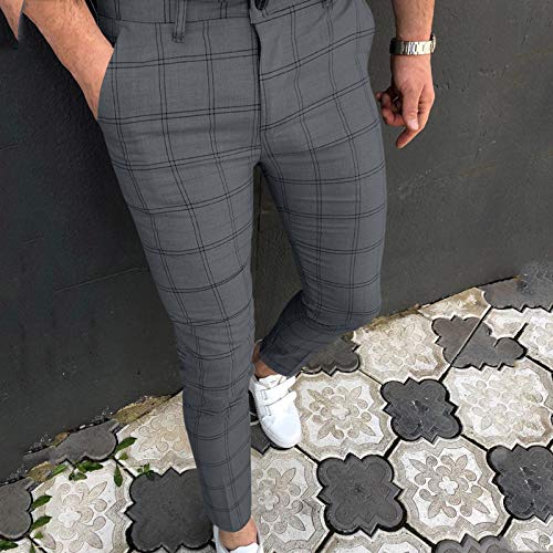 ZEZKT Pantalones Casuales para Hombre Pantalones De Vestir de Hombre, Bolsillo de Pantalones Largos De LáPiz De Negocios Flacos de Frente Plano A Cuadros Casuales Sport Casual