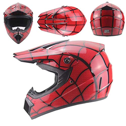ZOLOP Rojo Adultos de Motocross para | MX Casco de motocicleta | ATV Scooter Spiderman Style Full Face Helm | Kit de casco Gafas Máscara de guantes, certificada D.O.T (F15, S)