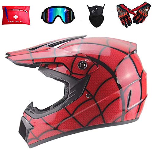 ZOLOP Rojo Adultos de Motocross para | MX Casco de motocicleta | ATV Scooter Spiderman Style Full Face Helm | Kit de casco Gafas Máscara de guantes, certificada D.O.T (F15, S)